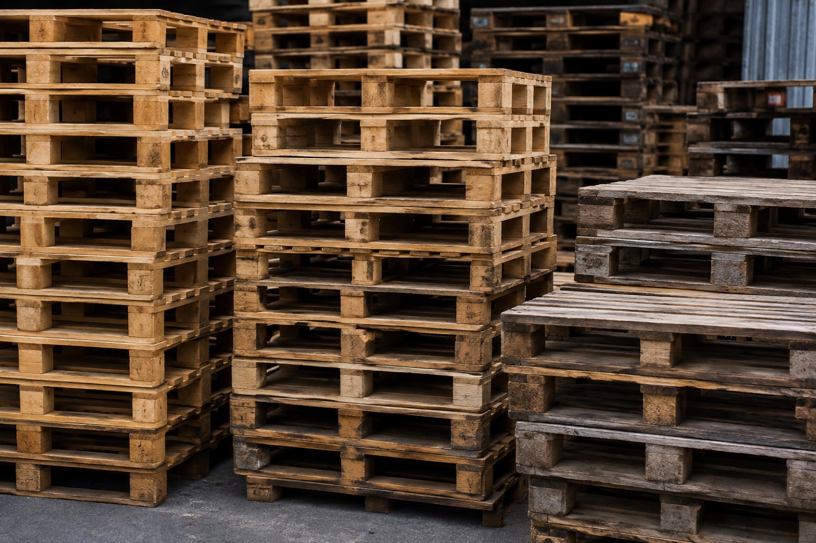 Reclaimed wood pallets staged in the Evergrain yard